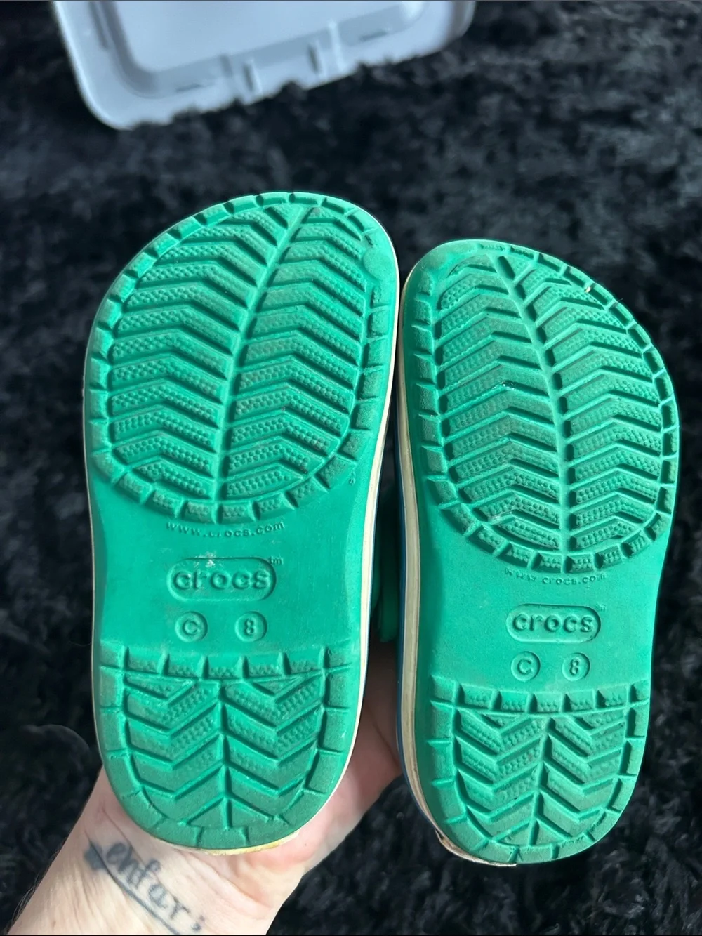 CROCS Kids Green Clogs with Blue & White Midsole Stripe